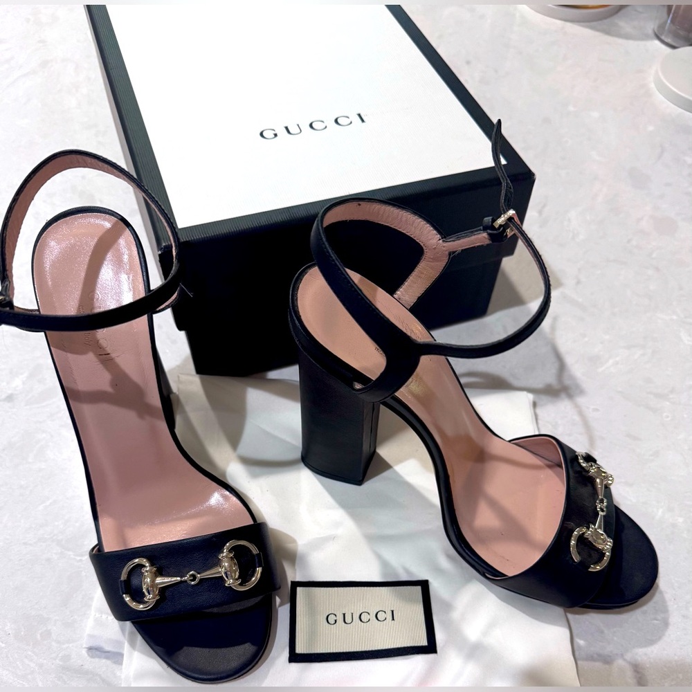 Gucci Horsebit Leather Block Heel Sandals 37.5